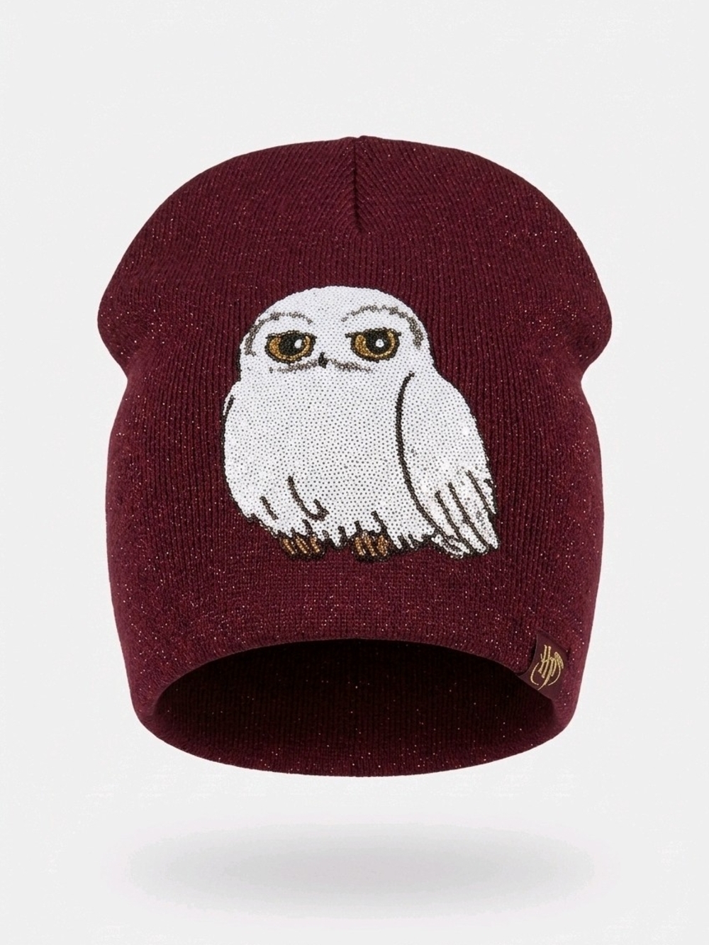 H&M Burgundy Knit Beanie with White Sequin Owl